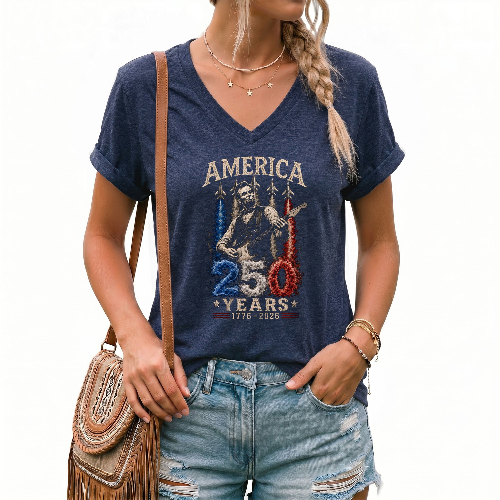 Patriotic V-Neck T-Shirt Women Lincoln Playing Guitar 1776-2026 Jet Graphic Top