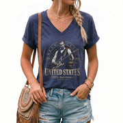 Lincoln Guitarist 1776-2026 Patriotic V-Neck Shirt - Women's Graphic Summer Apparel