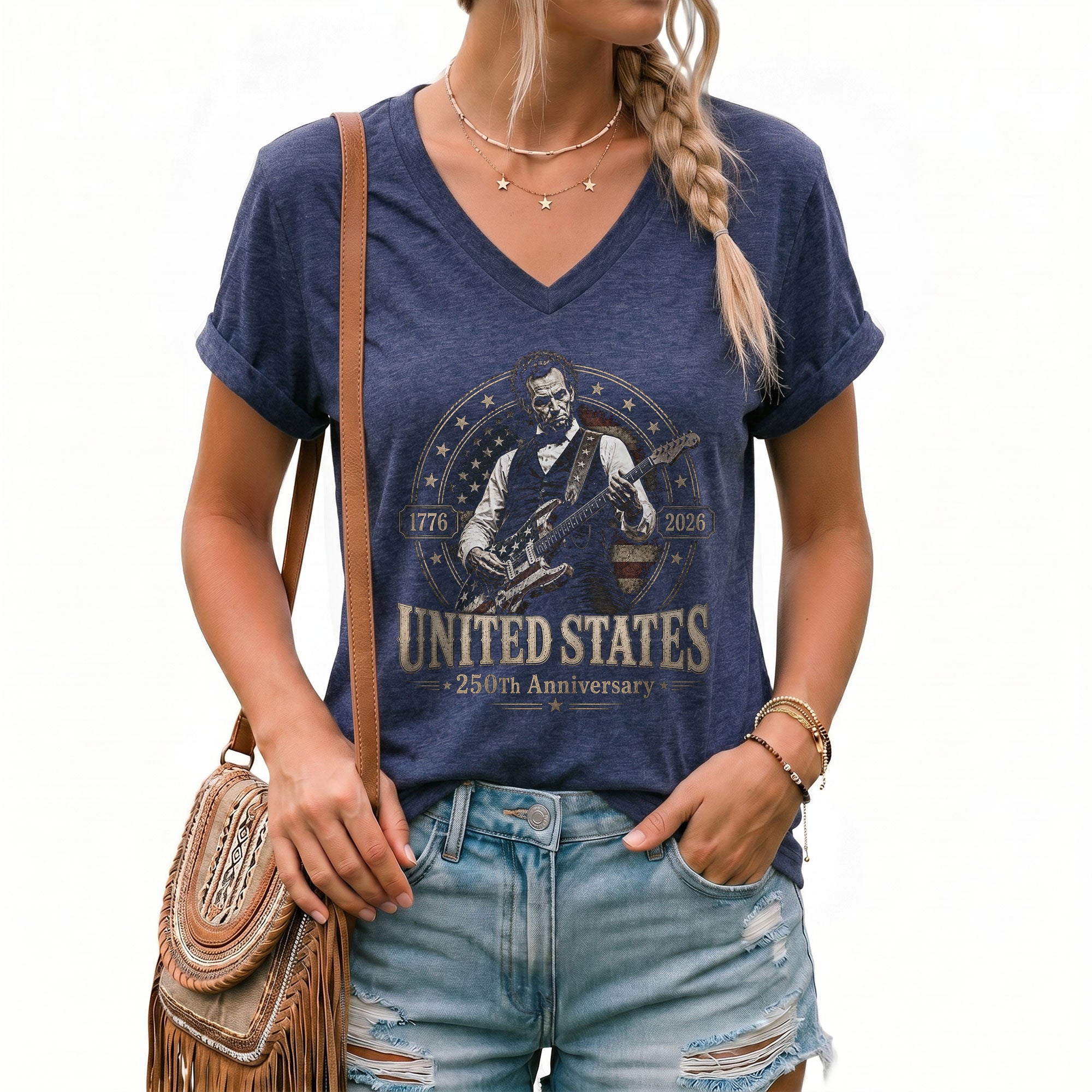 Lincoln Guitarist 1776-2026 Patriotic V-Neck Shirt - Women's Graphic Summer Apparel