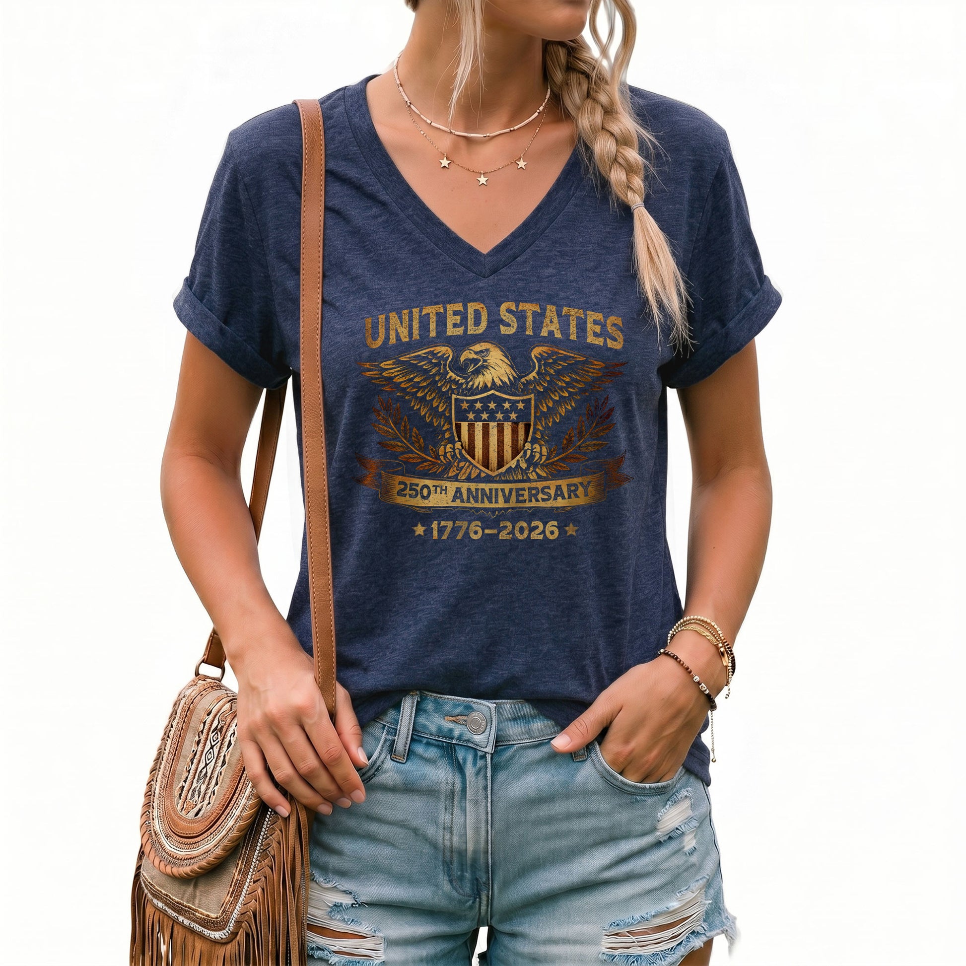 Women's V-Neck Graphic Tee Patriotic Eagle Shield Print 1776-2026 Historical Vintage Top - Rust Field Wear