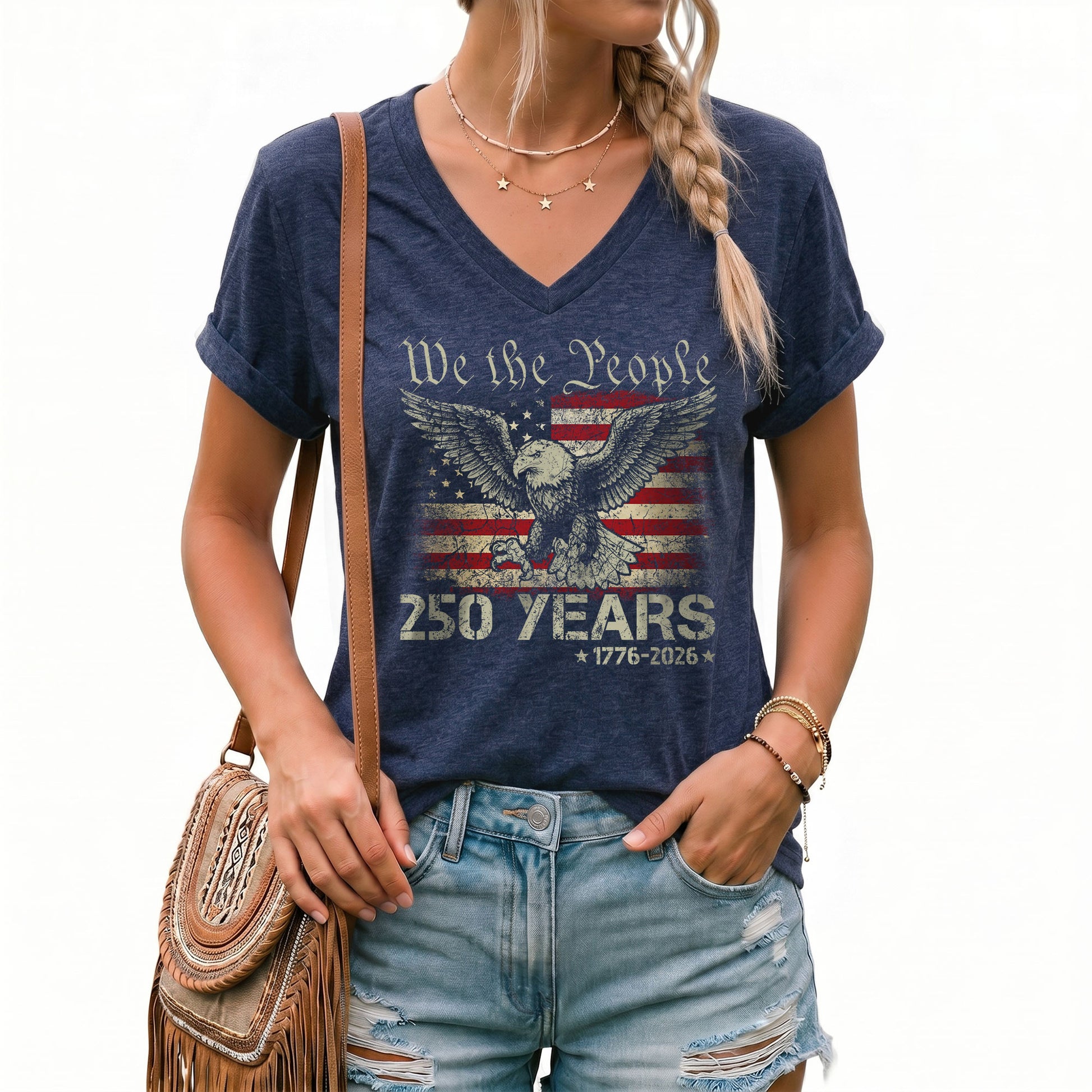 Patriotic We The People Eagle V-Neck T-Shirt Women 1776-2026 Historical Graphic Top - Rust Field Wear
