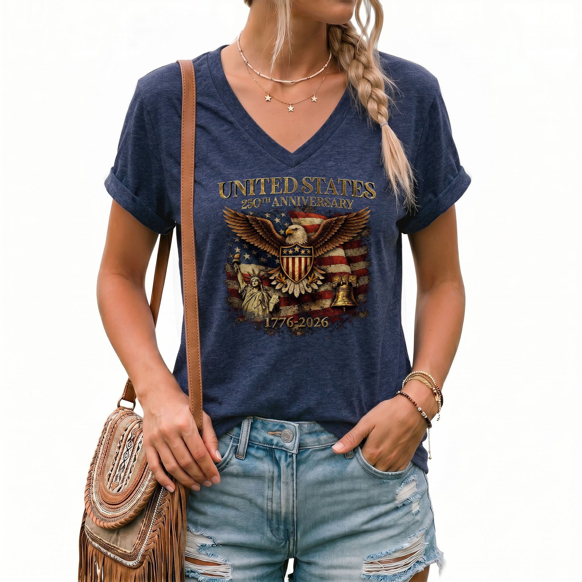 Women's V-Neck Graphic T-Shirt Eagle Statue of Liberty 1776-2026 Patriotic Apparel - Rust Field Wear