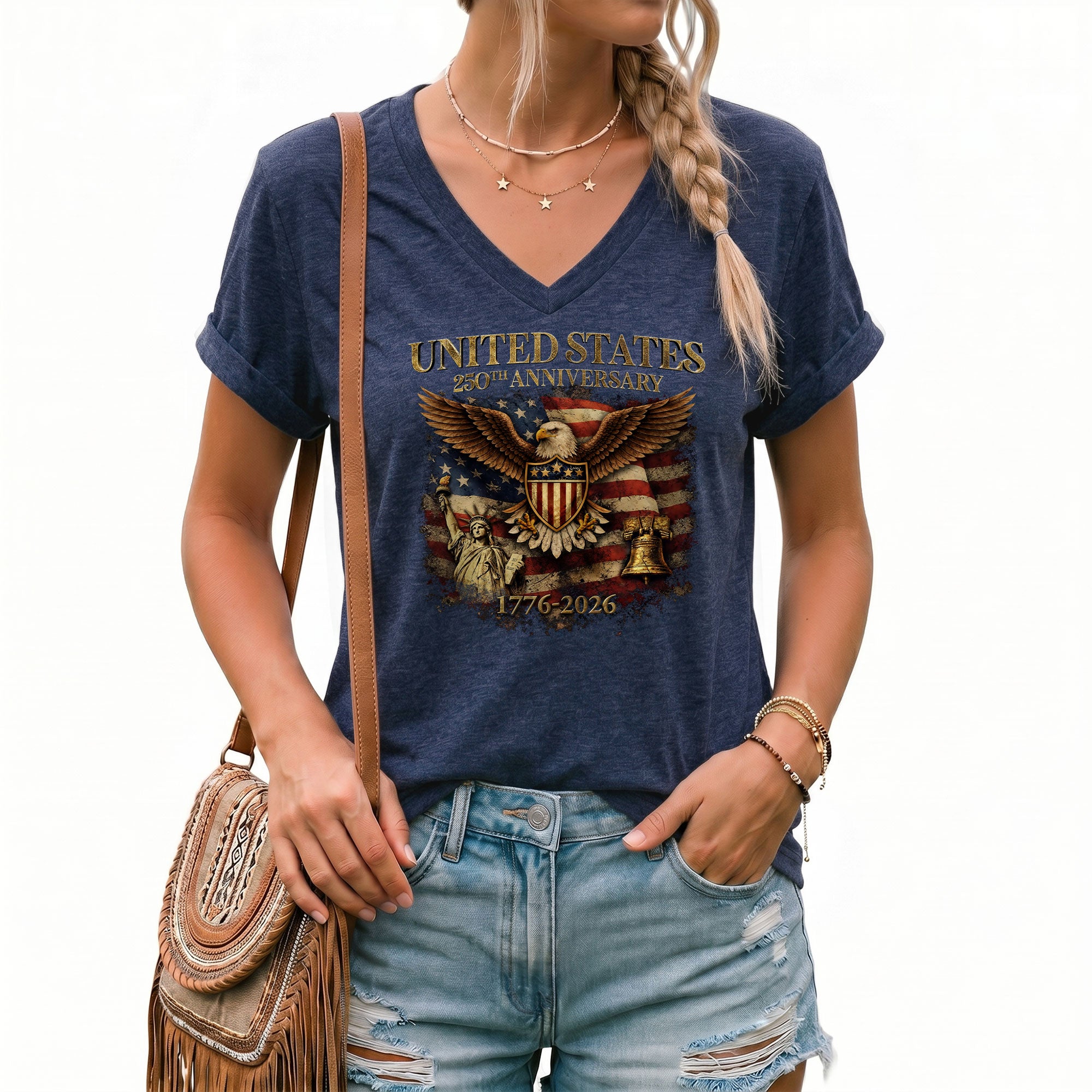 Women's V-Neck Graphic T-Shirt Eagle Statue of Liberty 1776-2026 Patriotic Apparel