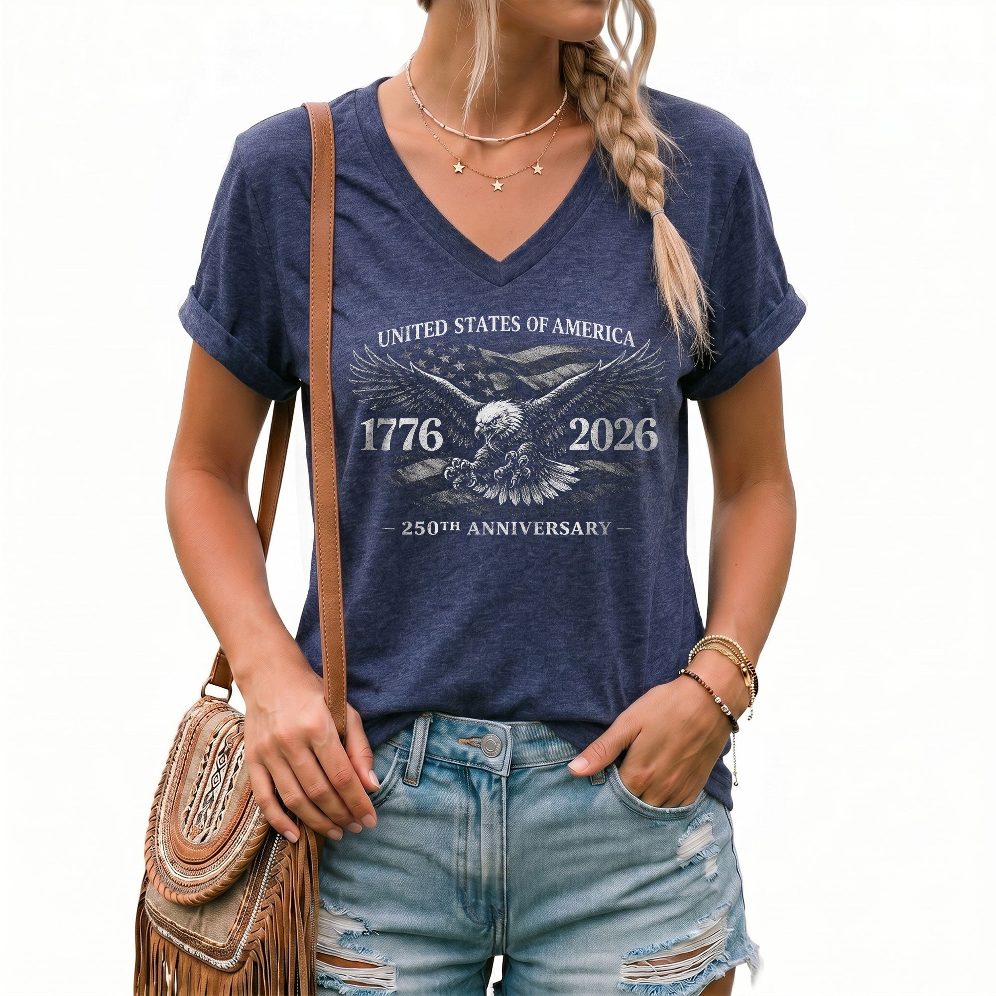 Patriotic V-Neck T-Shirt Women Eagle 1776-2026 Graphic United States History Casual Tee