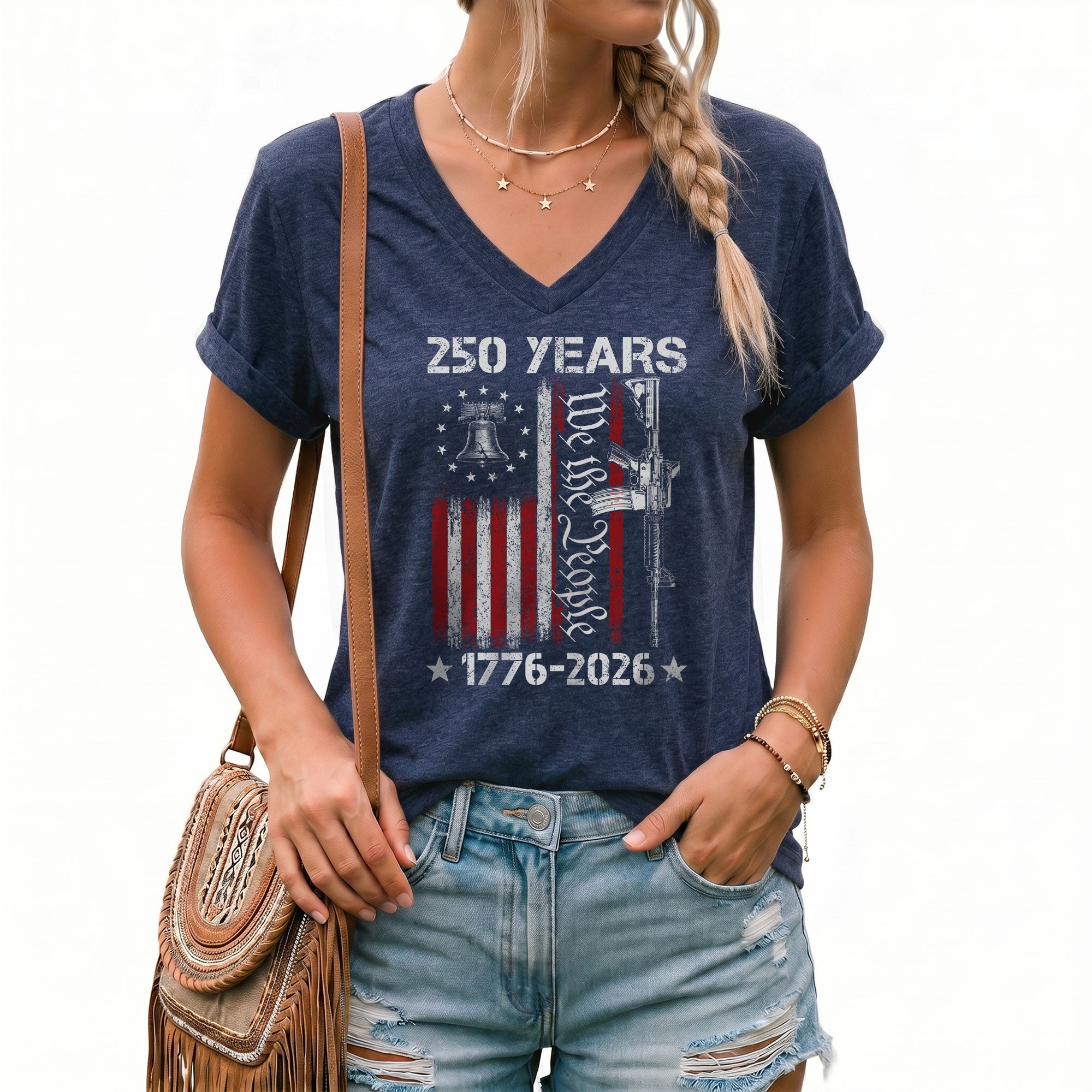 V-Neck T-Shirt Women Patriotic We The People 1776-2026 Liberty Bell Graphic Tee