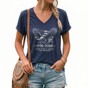 Women's V-Neck Tee Patriotic Eagle Map 1776-2026 Graphic Shirt Vintage Style Cotton
