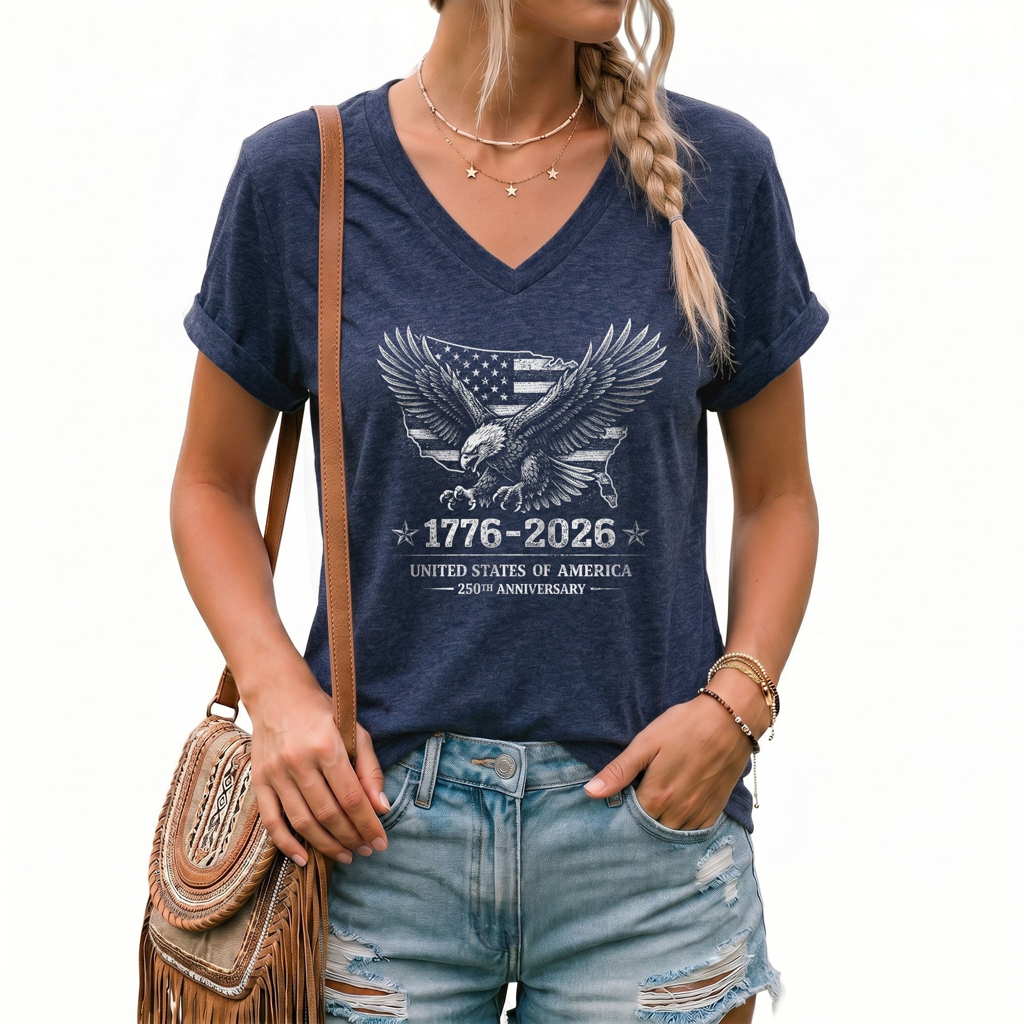 Women's V-Neck Tee Patriotic Eagle Map 1776-2026 Graphic Shirt Vintage Style Cotton