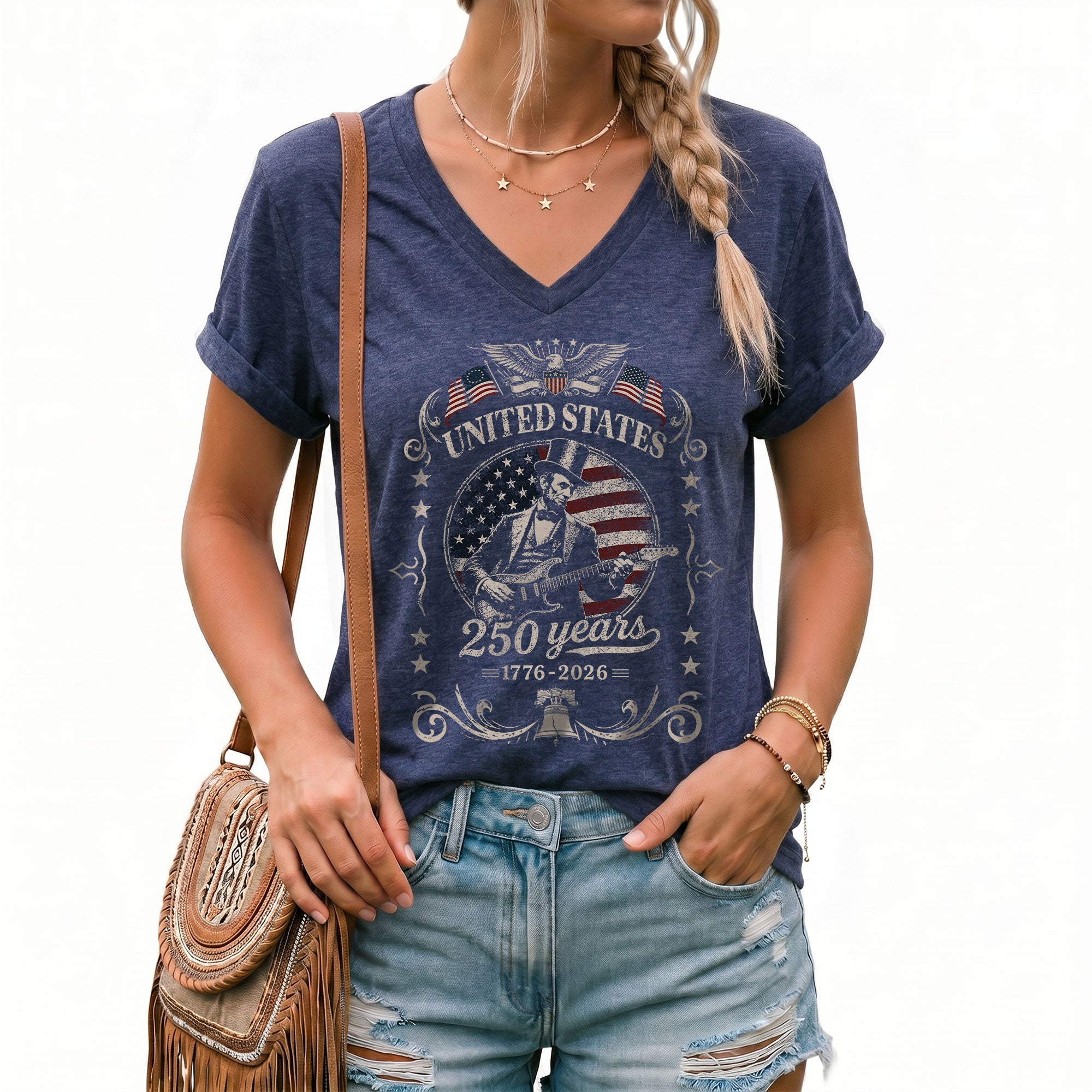 Lincoln Guitar V Neck T-Shirt Patriotic 1776-2026 Freedom Anniversary Tee