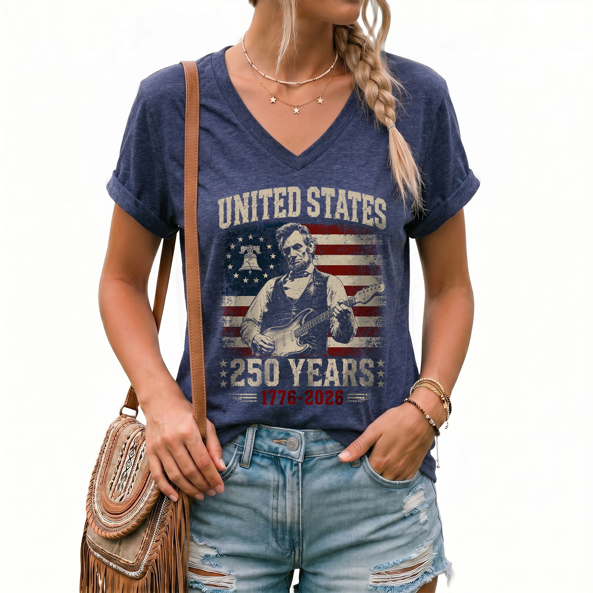 Liberty Bell Lincoln V-Neck Shirt Vintage 1776-2026 250 Years Patriotic Women Tee