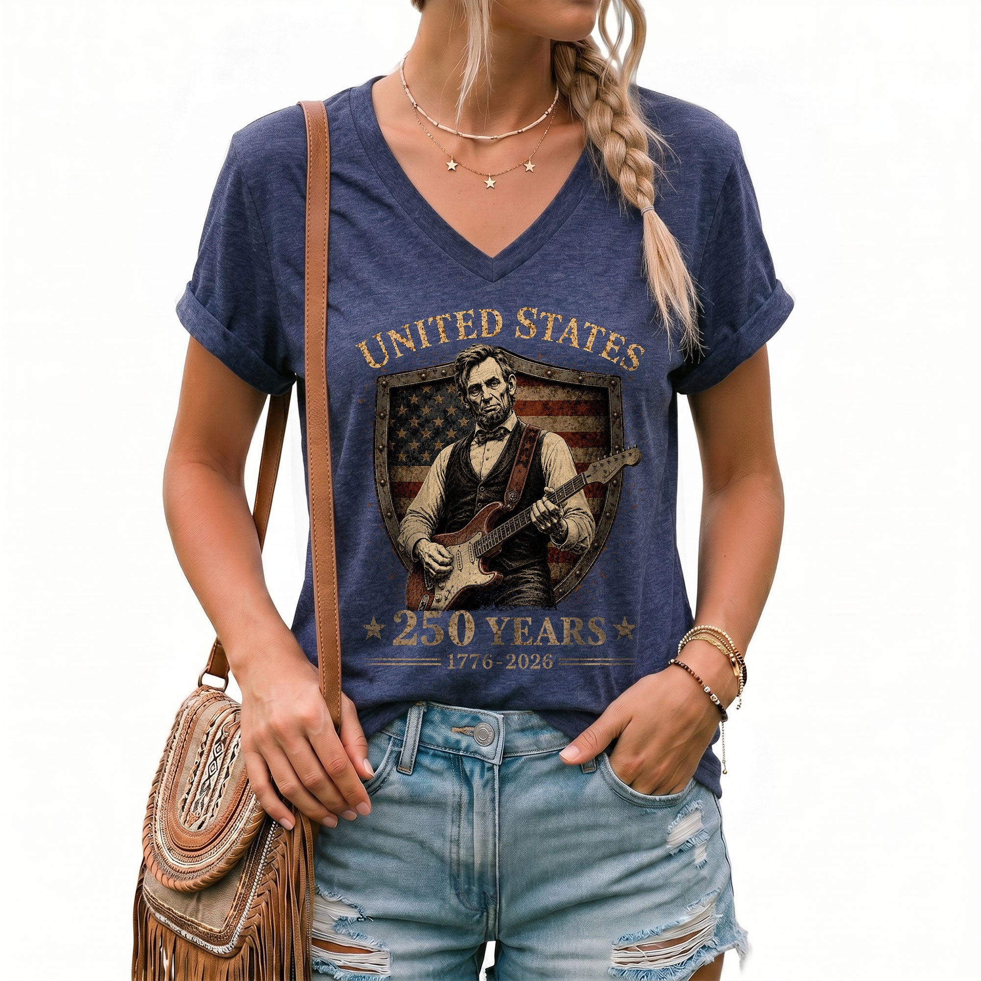 Lincoln Guitar V Neck T-Shirt Patriotic 1776-2026 250 Years Freedom Women Tee