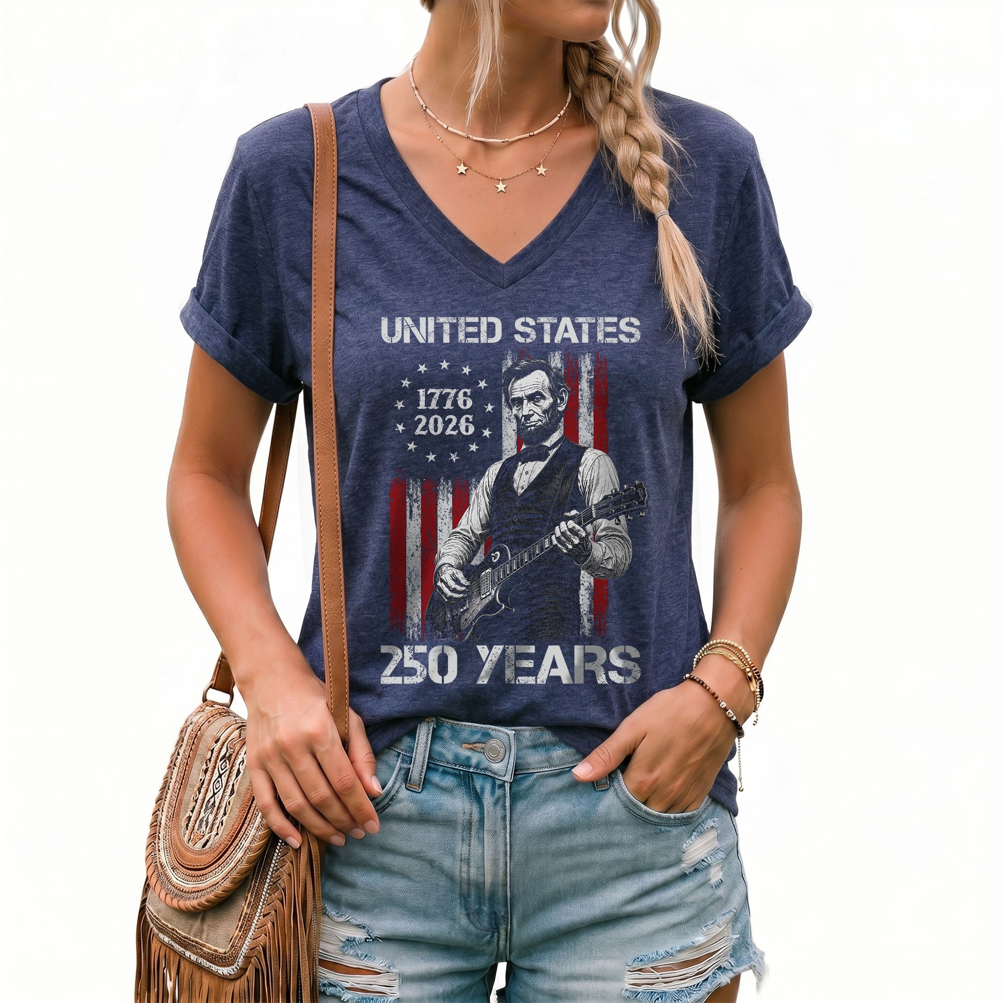 Patriotic Lincoln Flag V-Neck Shirt Vintage 1776-2026 250 Years Freedom Womens Tee