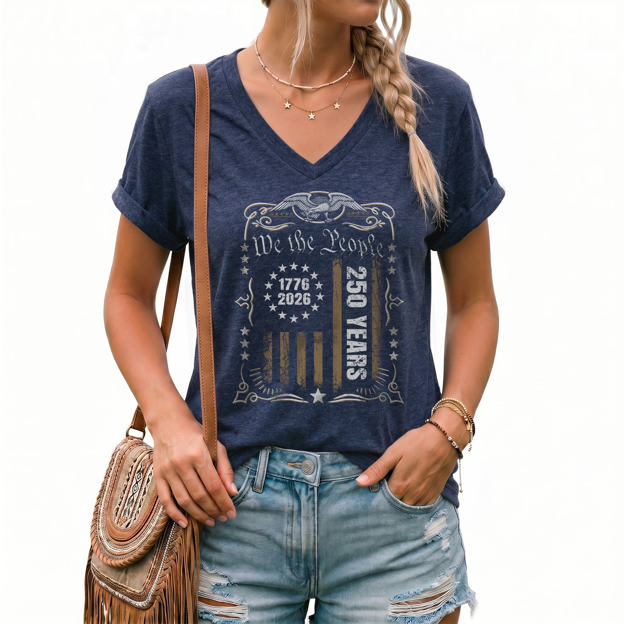 Patriotic 1776-2026 V-Neck Shirt Vintage We The People America 250 Years Womens Tee