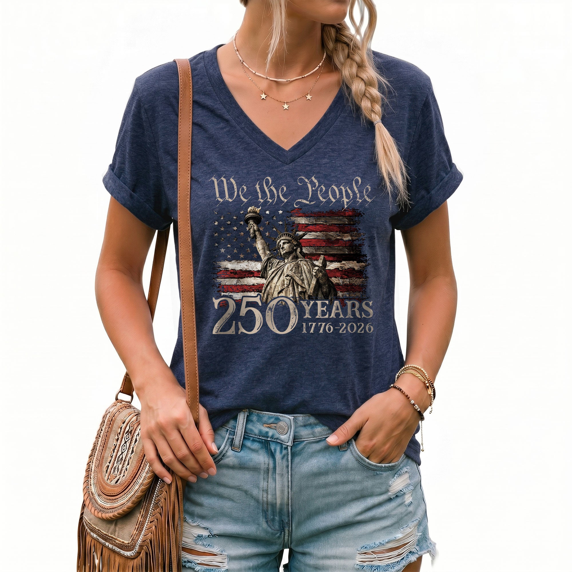 250 Years We The People V-Neck T-Shirt Patriotic Statue of Liberty USA 1776-2026