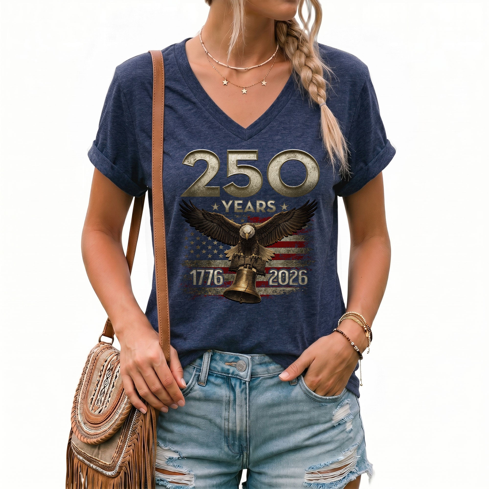 250 Years Eagle V-Neck T-Shirt Patriotic USA Flag 1776-2026 American Freedom Tee