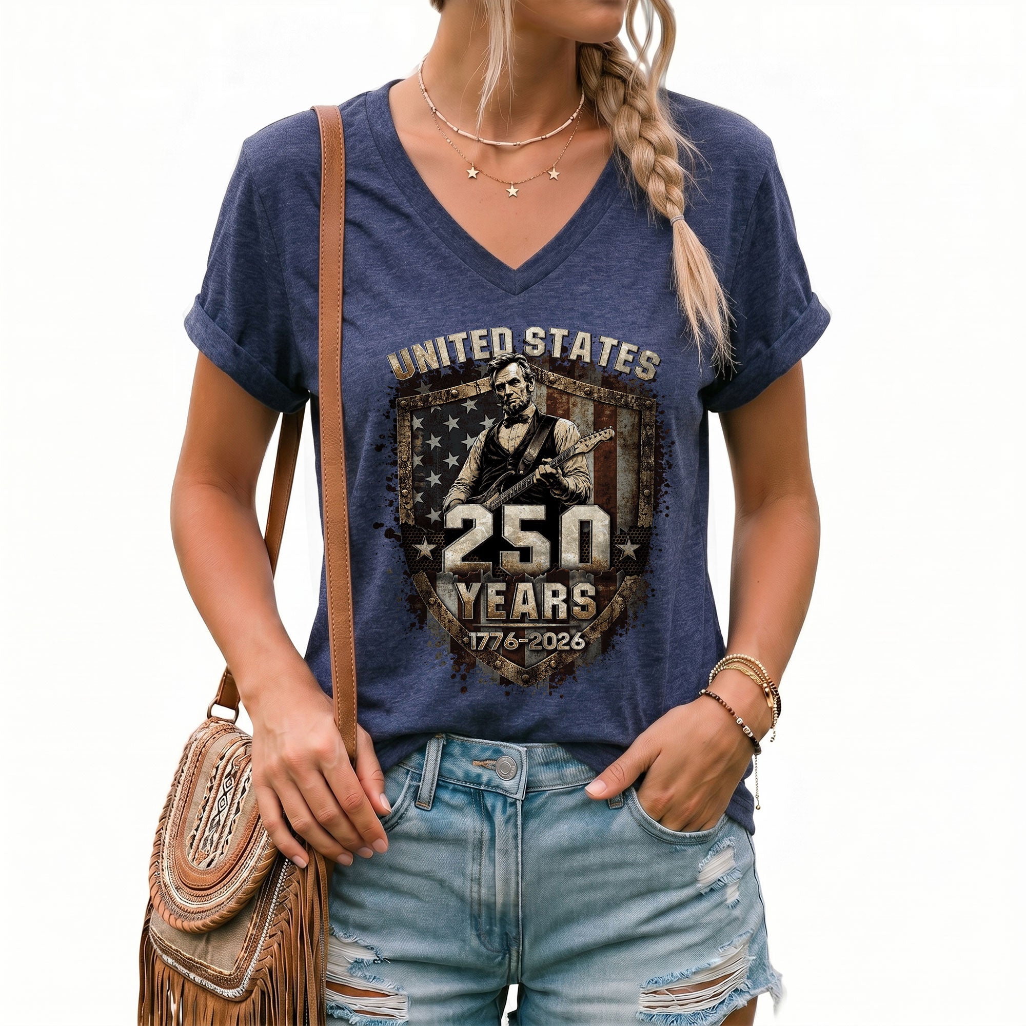 America 250 Years V-Neck T-Shirt Abraham Lincoln Patriotic USA 1776-2026 Tee