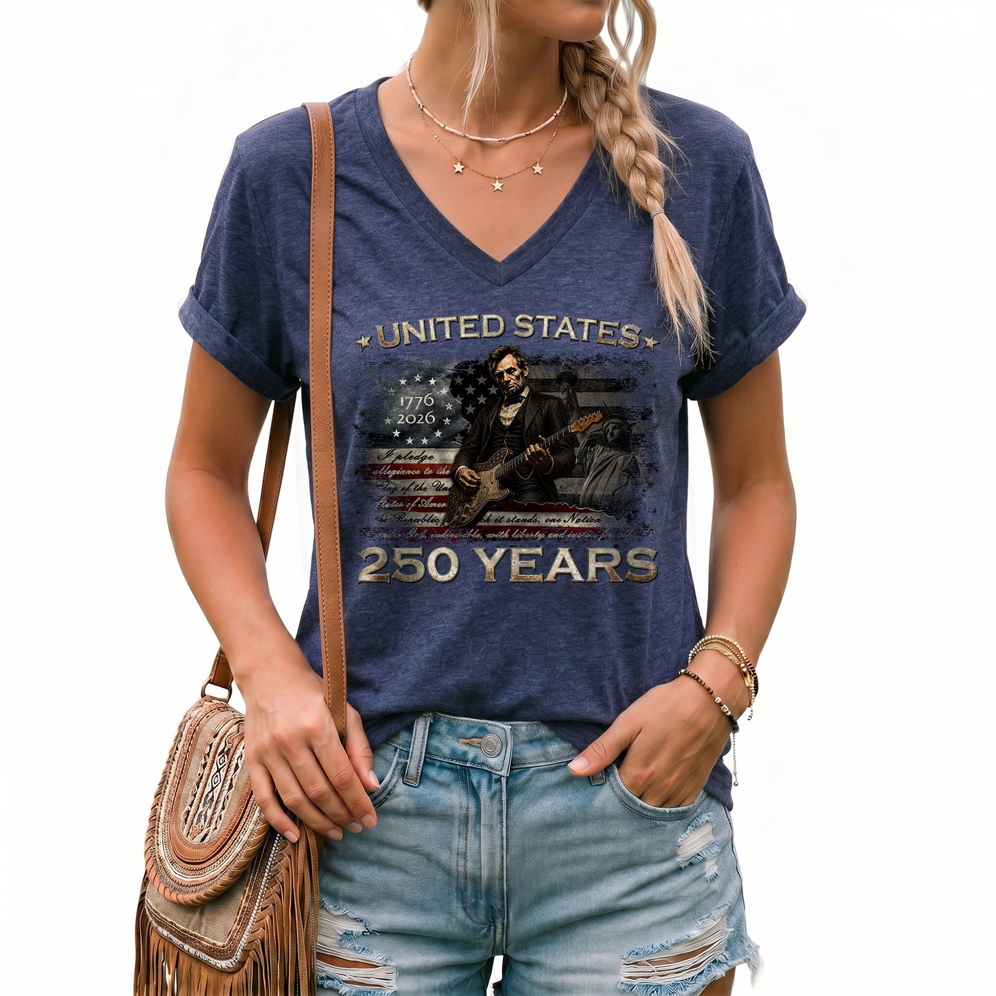 America 250 Years V-Neck T-Shirt Lincoln Guitar Patriotic USA 1776-2026 Tee
