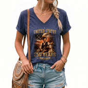 America 250 Years V-Neck T-Shirt Eagle Lincoln Guitar Patriotic USA 1776-2026