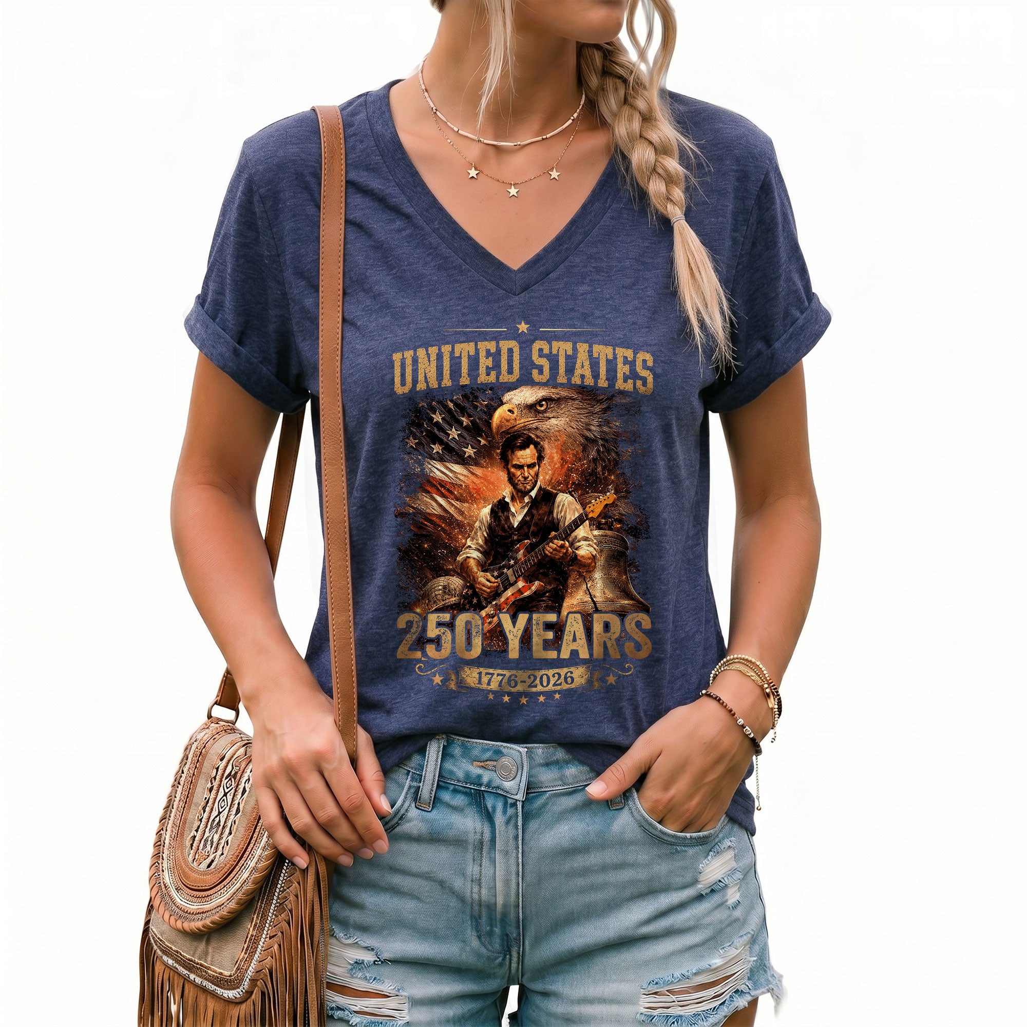 America 250 Years V-Neck T-Shirt Eagle Lincoln Guitar Patriotic USA 1776-2026