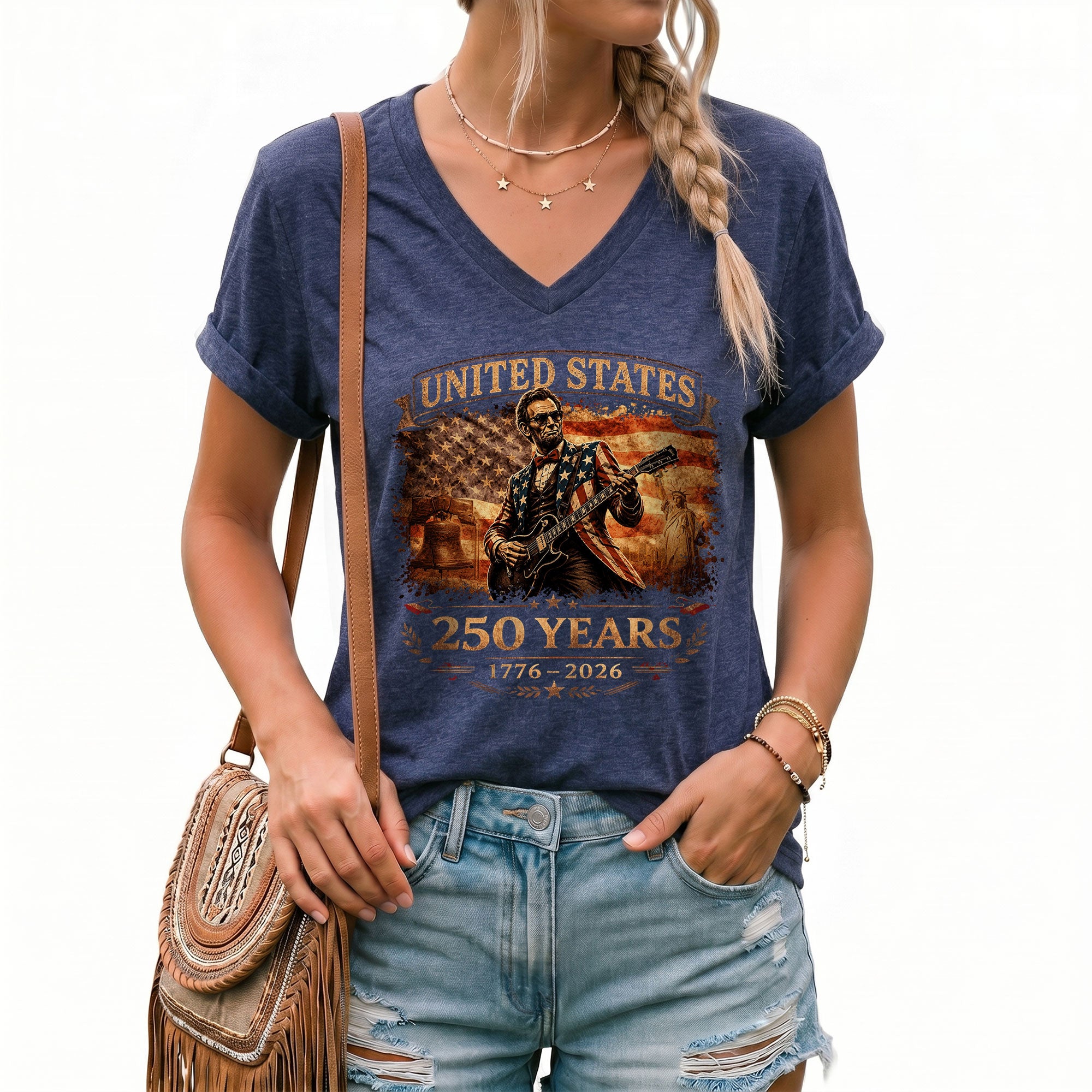Patriotic Lincoln Liberty Bell V-Neck Shirt Vintage 1776-2026 America 250 Years