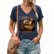 250 Years of Freedom Women's V-Neck T-Shirt 1776-2026 Patriotic Faith Tee - Rust Field Wear