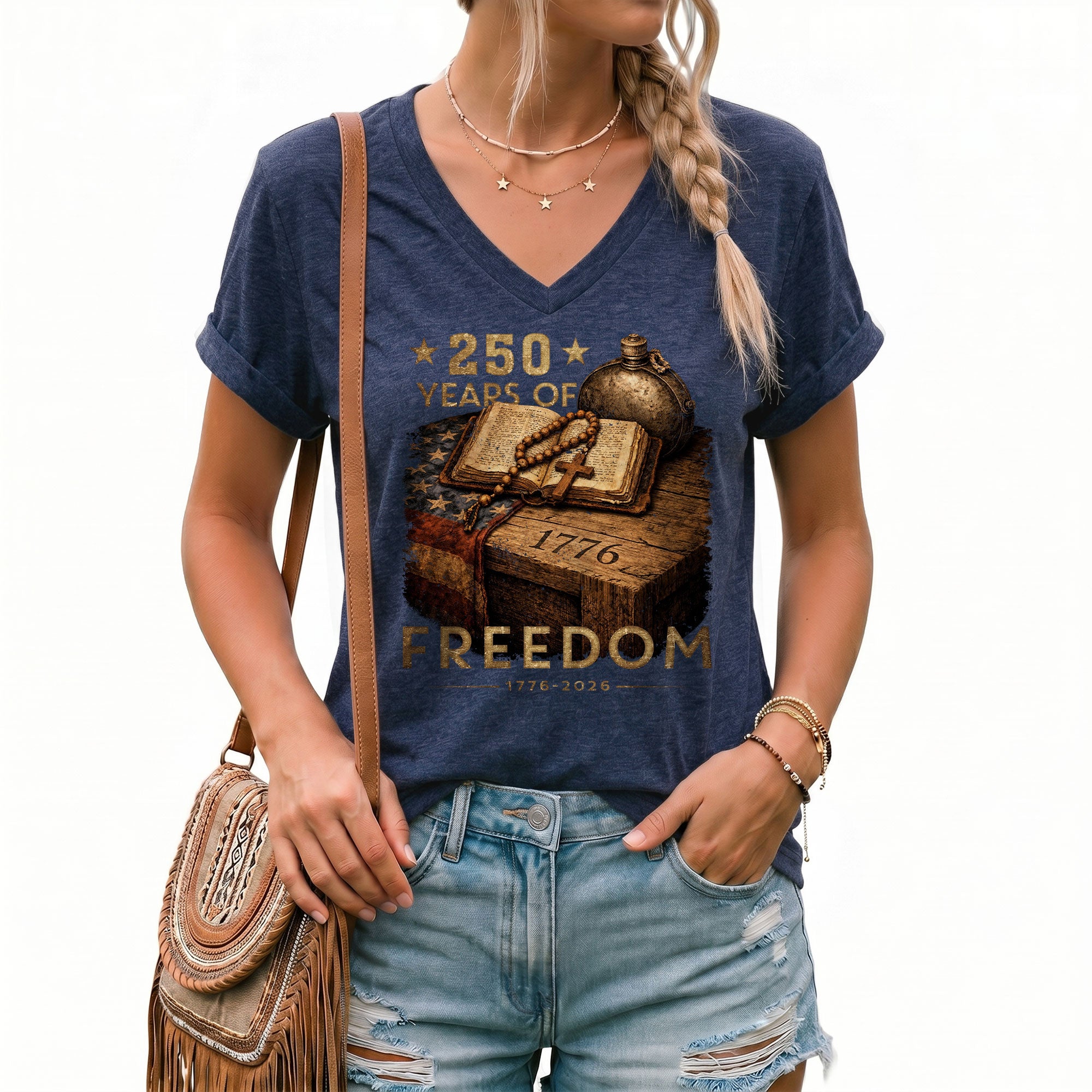 250 Years of Freedom Women's V-Neck T-Shirt 1776-2026 Patriotic Faith Tee