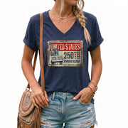 United States 250th Anniversary Women V-Neck T-Shirt 1776-2026 Patriotic Liberty Tee - Rust Field Wear