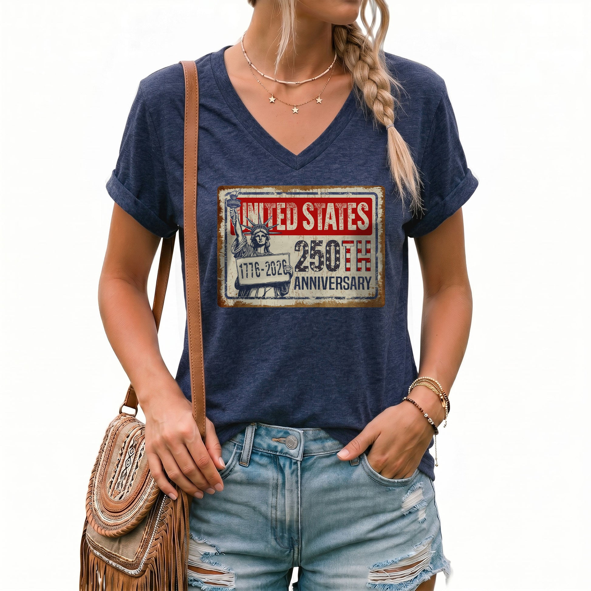 United States 250th Anniversary Women V-Neck T-Shirt 1776-2026 Patriotic Liberty Tee - Rust Field Wear