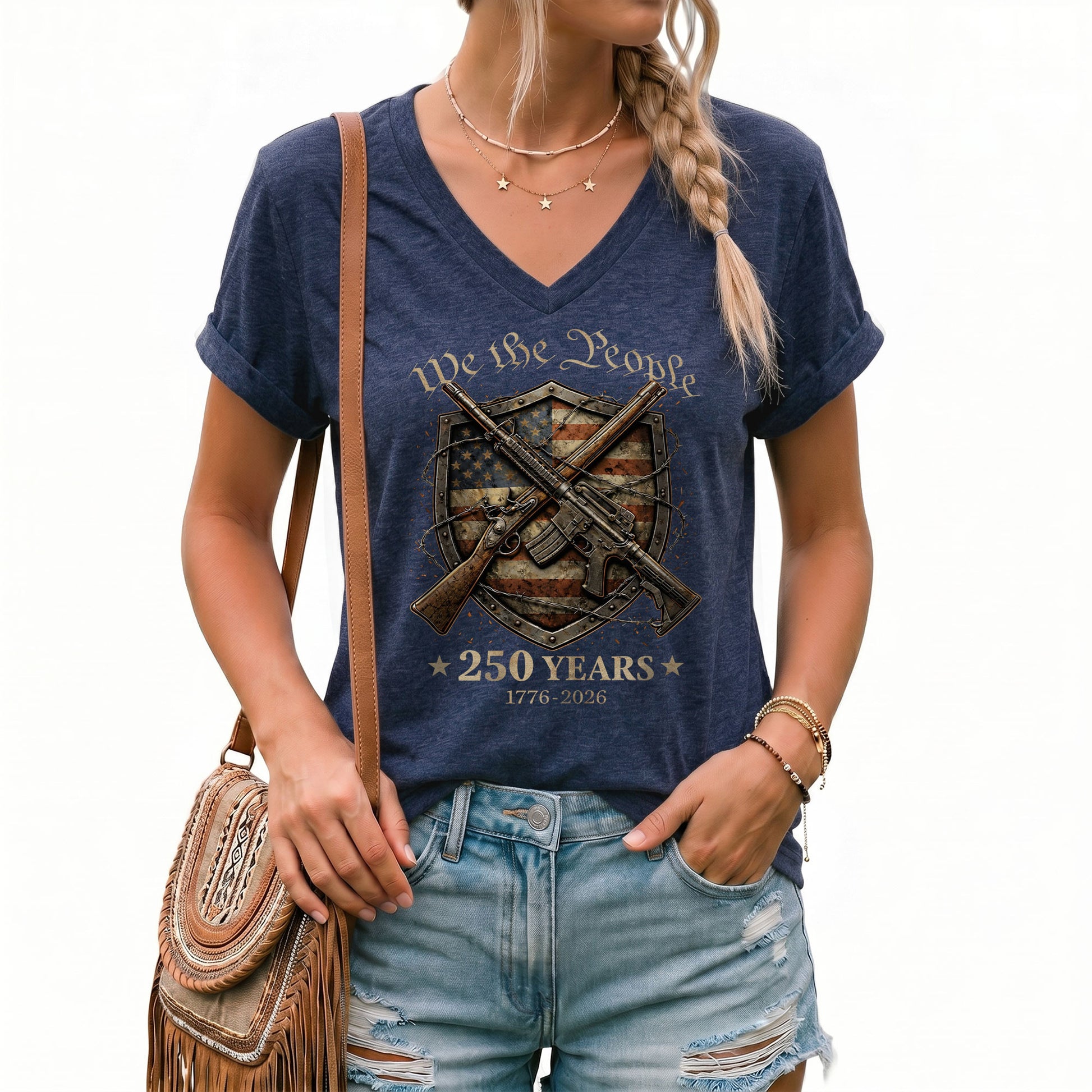 We The People 250 Years Women's V-Neck T-Shirt 1776-2026 Patriotic Freedom Tee - Rust Field Wear