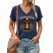 Women's United States 250th Anniversary V-Neck Shirt Eagle Liberty Bell Freedom Tee - Rust Field Wear