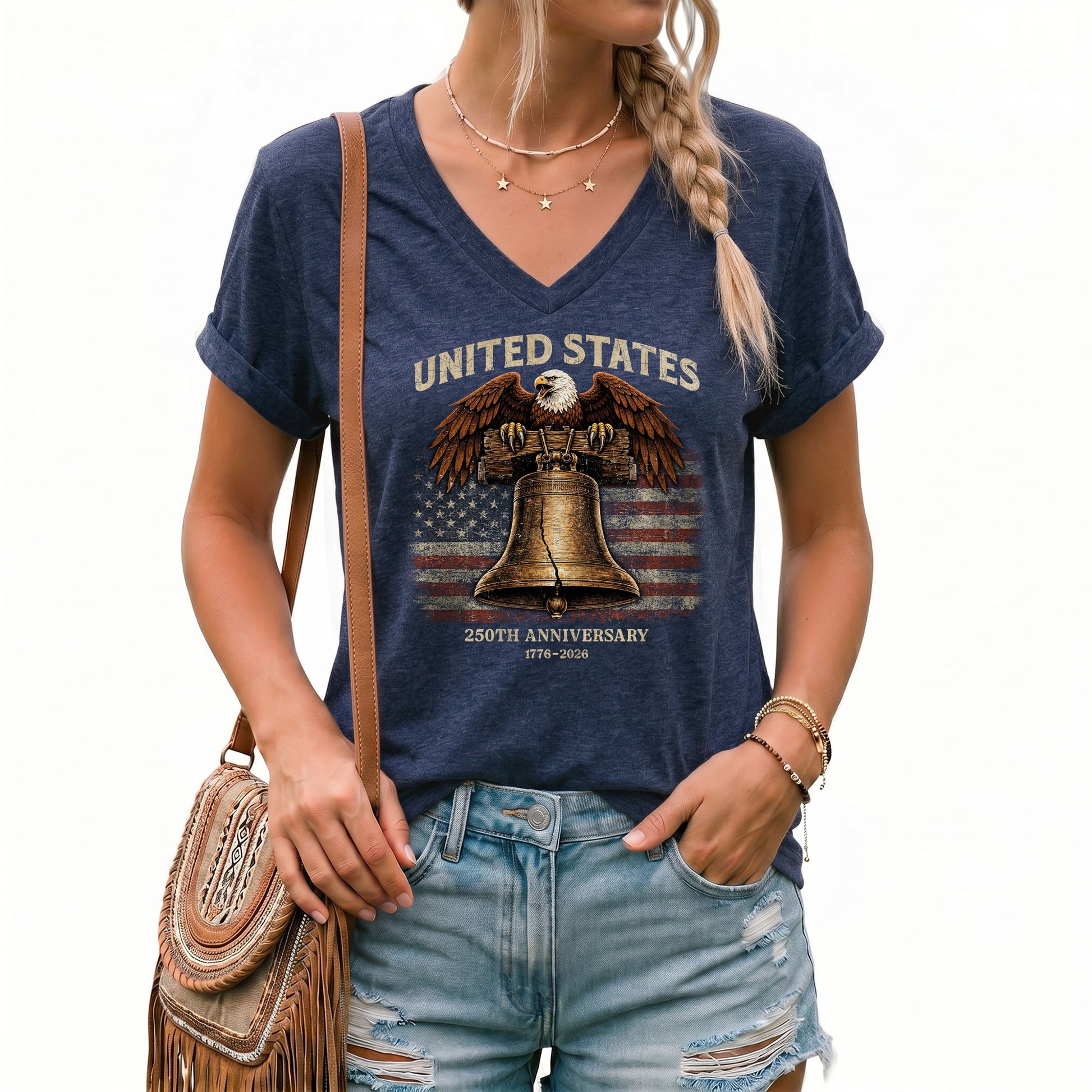 Women's United States 250th Anniversary V-Neck Shirt Eagle Liberty Bell Freedom Tee - Rust Field Wear