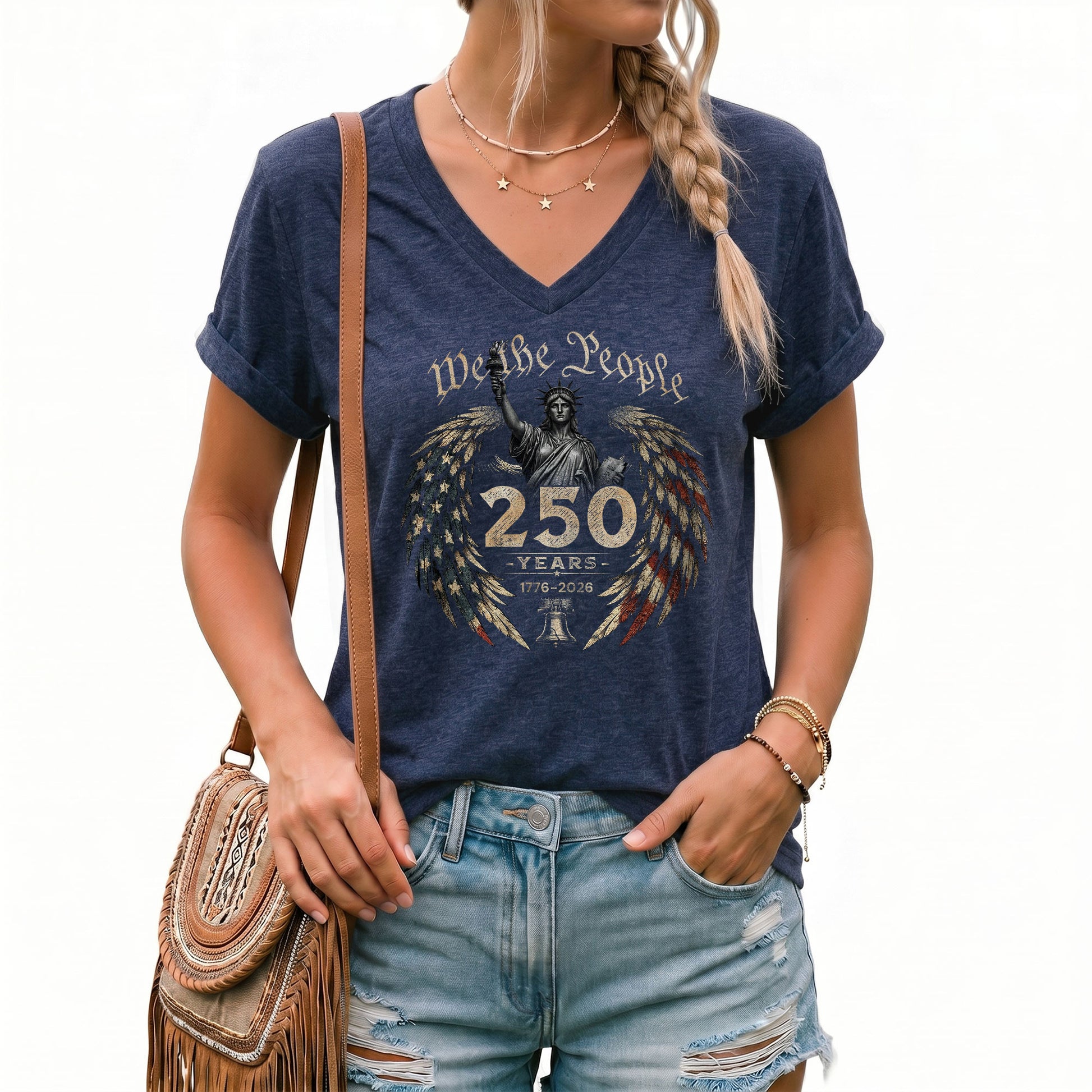 Women's Statue of Liberty V-Neck T-Shirt 250 Years Patriotic Freedom Anniversary Tee - Rust Field Wear