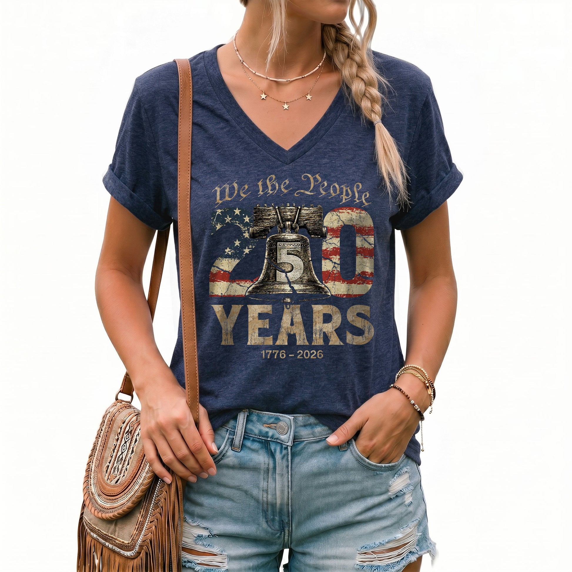 Women's Patriotic Heritage V-Neck Shirt We The People 250 Years Freedom Tee - Rust Field Wear