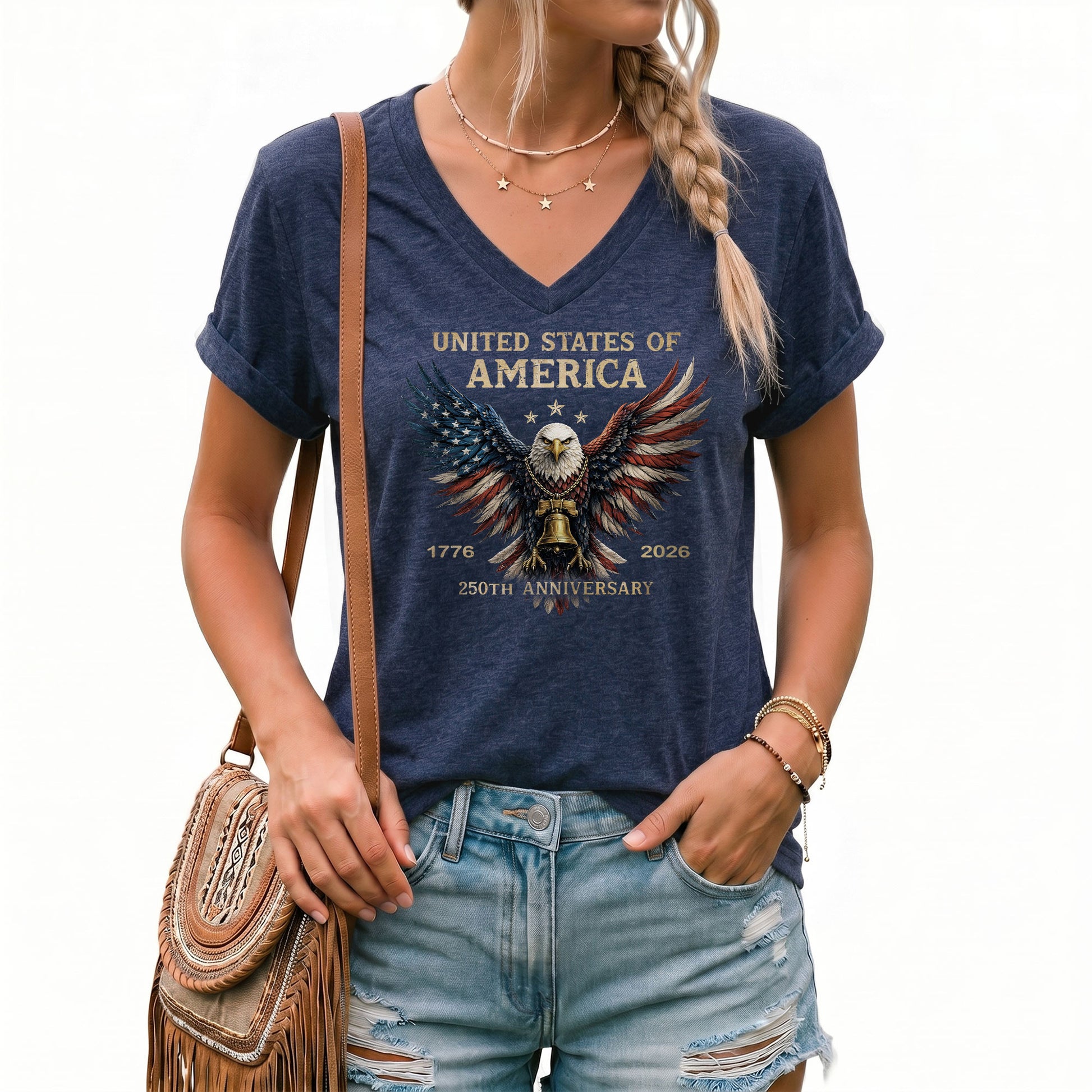 USA 250th Anniversary American Eagle V Neck T Shirt Women Patriotic Casual Graphic Tee - Rust Field Wear