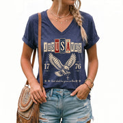Jesus Saves Patriotic V-Neck Tee - Eagle & Cross 1776 American Heritage Graphic Cotton Shirt