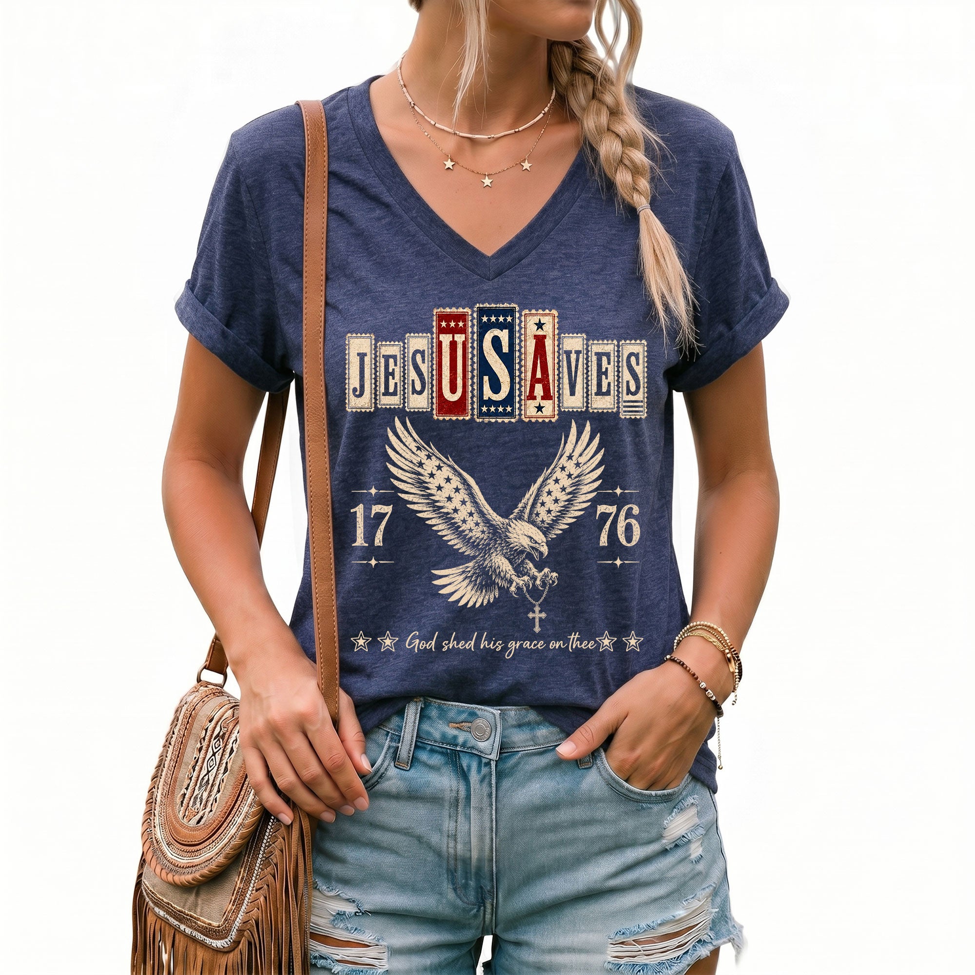 Jesus Saves Patriotic V-Neck Tee - Eagle & Cross 1776 American Heritage Graphic Cotton Shirt