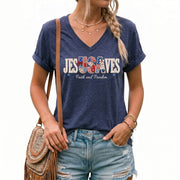 Jesus Saves Faith and Freedom V-Neck Tee - Patriotic Quilt Style Graphic Cotton Apparel