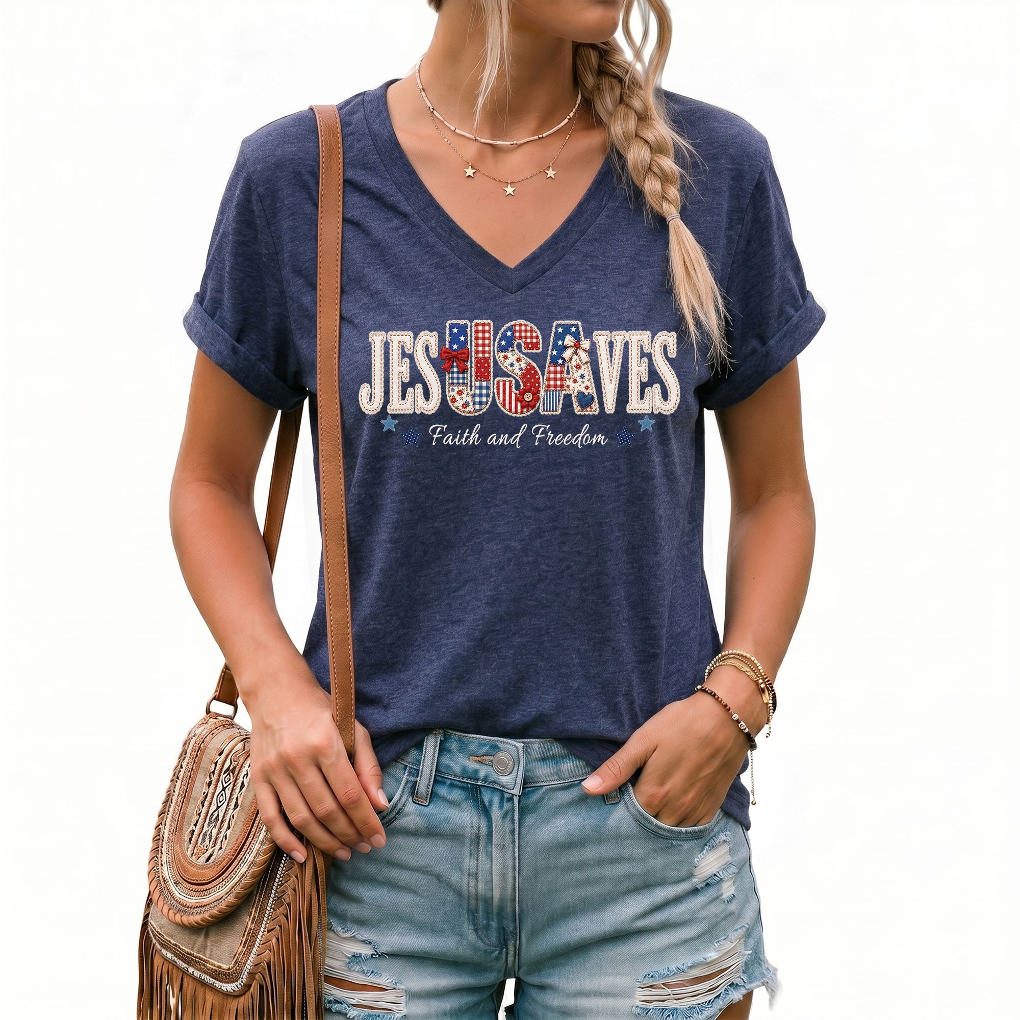 Jesus Saves Faith and Freedom V-Neck Tee - Patriotic Quilt Style Graphic Cotton Apparel