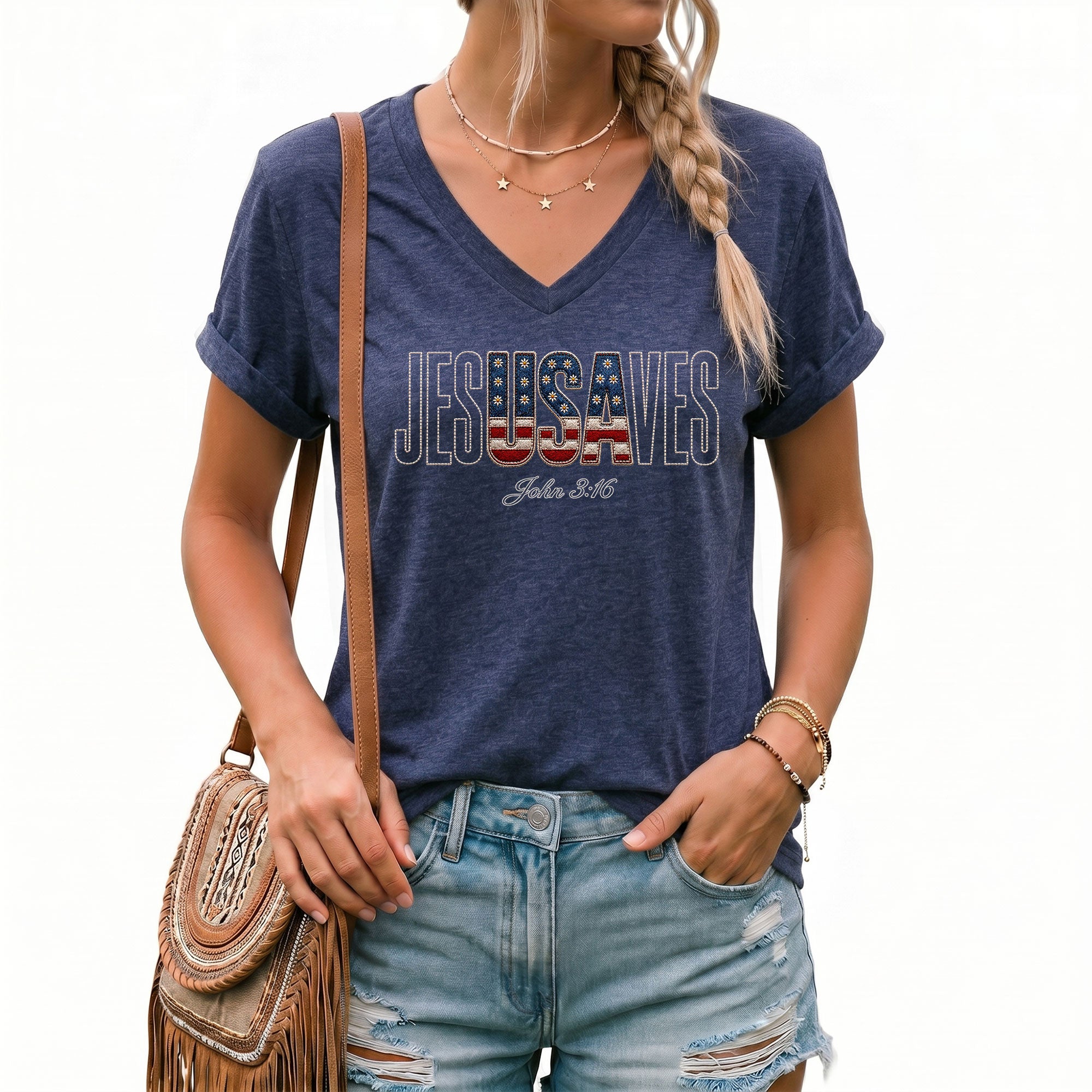 Jesus Saves USA Flag V-Neck T-Shirt John 3:16 Patriotic Graphic Tee Faith Apparel