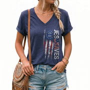 JESUSAVES Vertical 1776-2026 V-Neck Tee - Women's Graphic Patriotic Summer Shirt