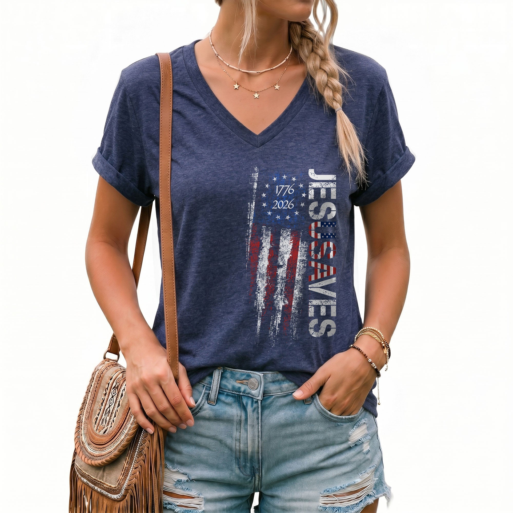 JESUSAVES Vertical 1776-2026 V-Neck Tee - Women's Graphic Patriotic Summer Shirt