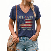 Women's JESUSAVES 1776-2026 V-Neck Tee - Patriotic Faith Graphic Summer Shirt