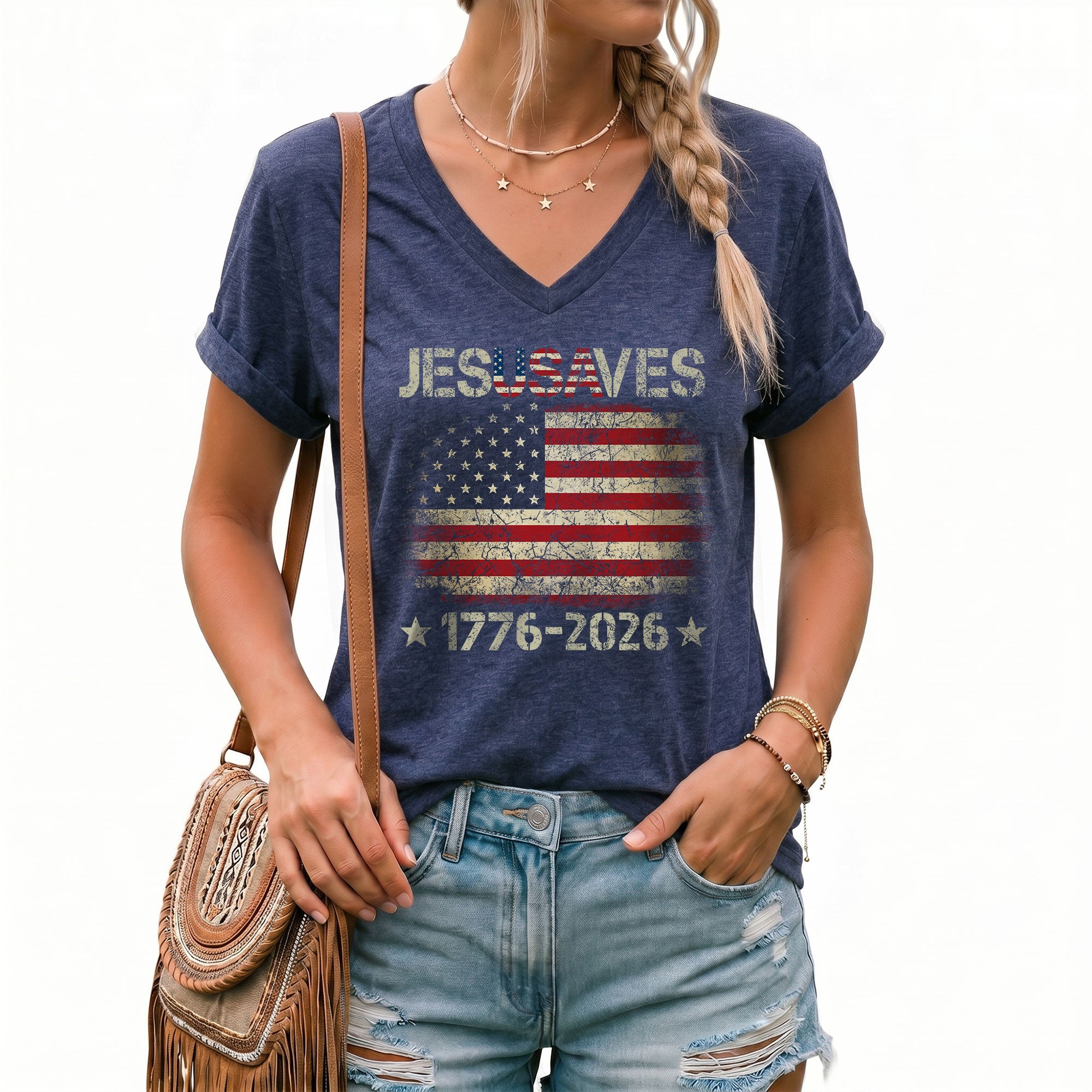 Women's JESUSAVES 1776-2026 V-Neck Tee - Patriotic Faith Graphic Summer Shirt