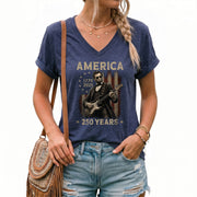 Lincoln Guitarist 1776-2026 Patriotic V-Neck Shirt - Graphic Summer Tee for Women