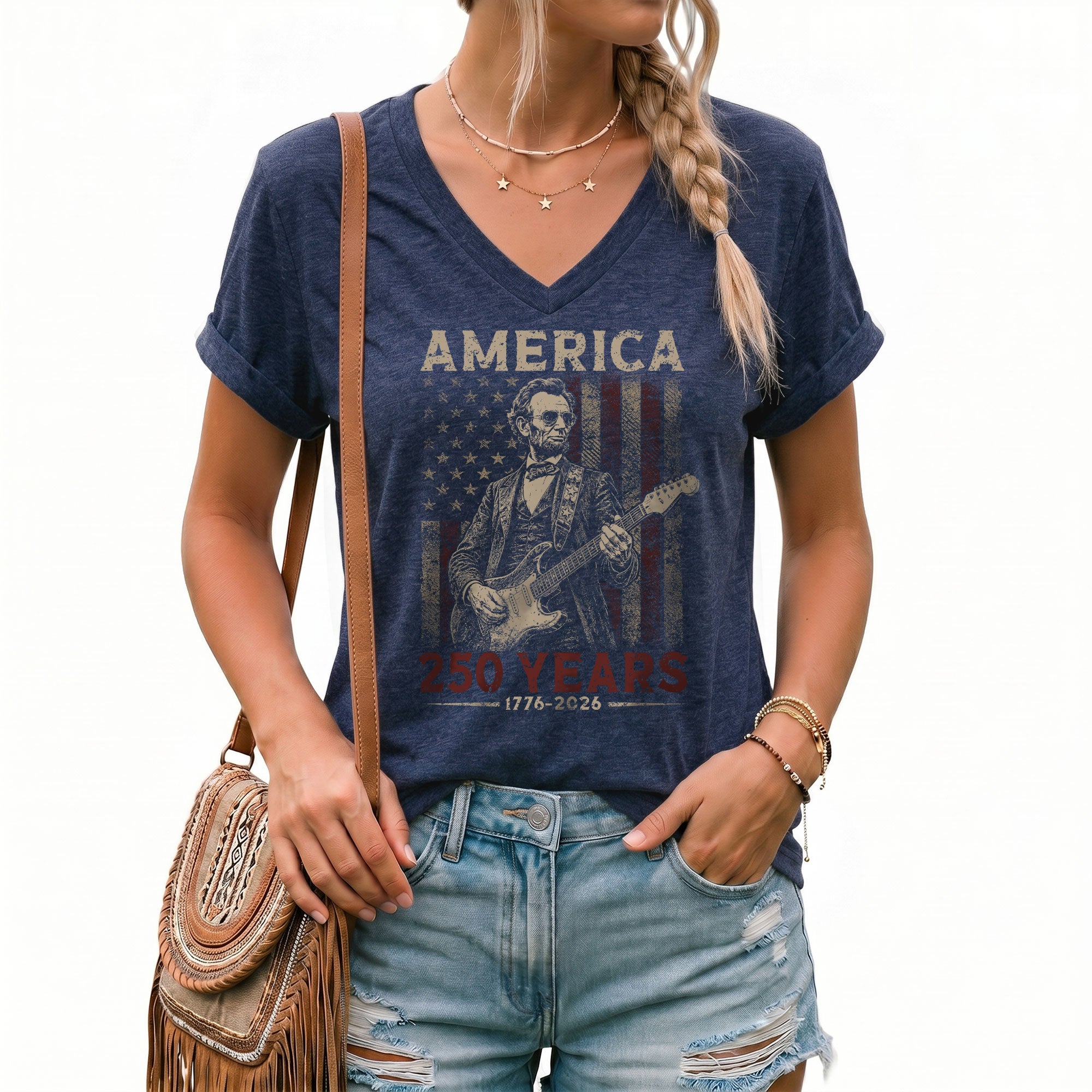 Women's Lincoln Guitarist 1776-2026 Patriotic V-Neck Tee - Graphic Summer Shirt Top
