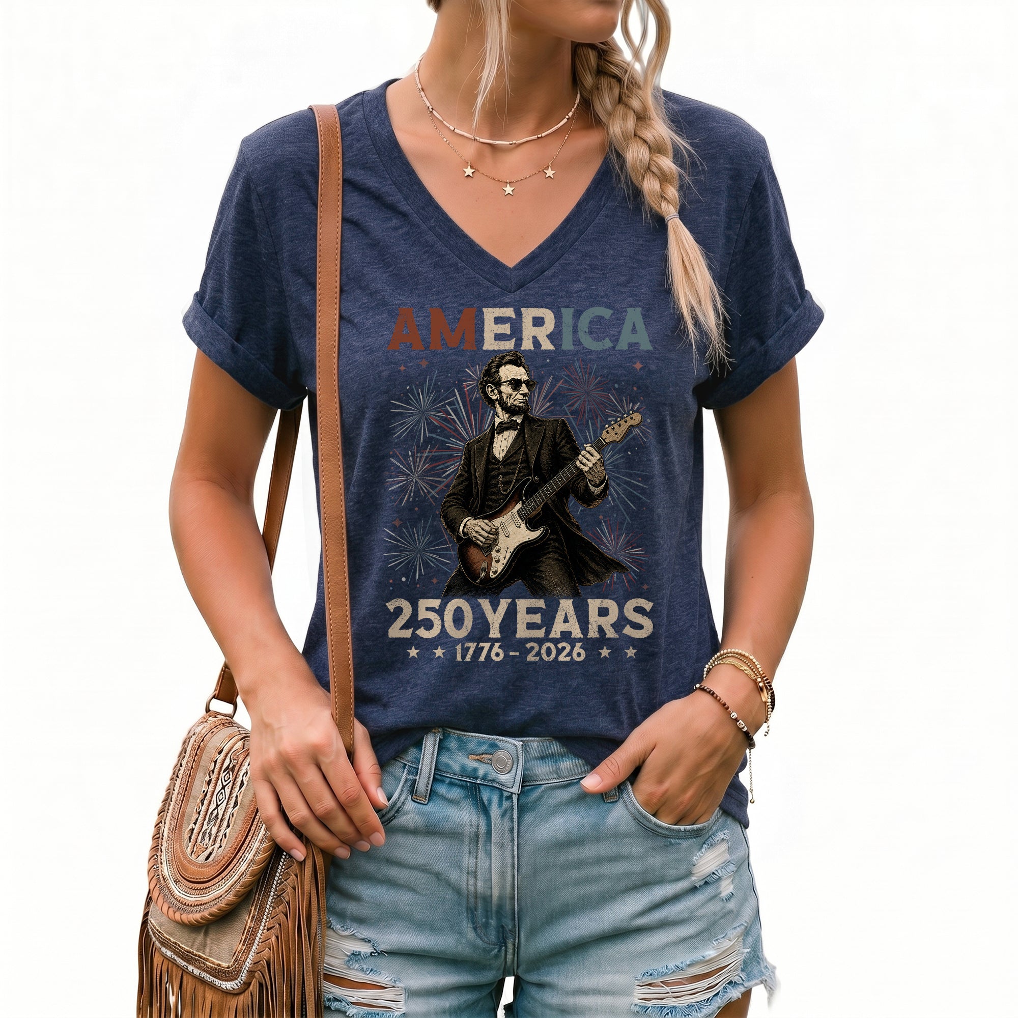 Lincoln Rocker 1776-2026 Patriotic V-Neck Tee - Women's Graphic Summer Shirt Top