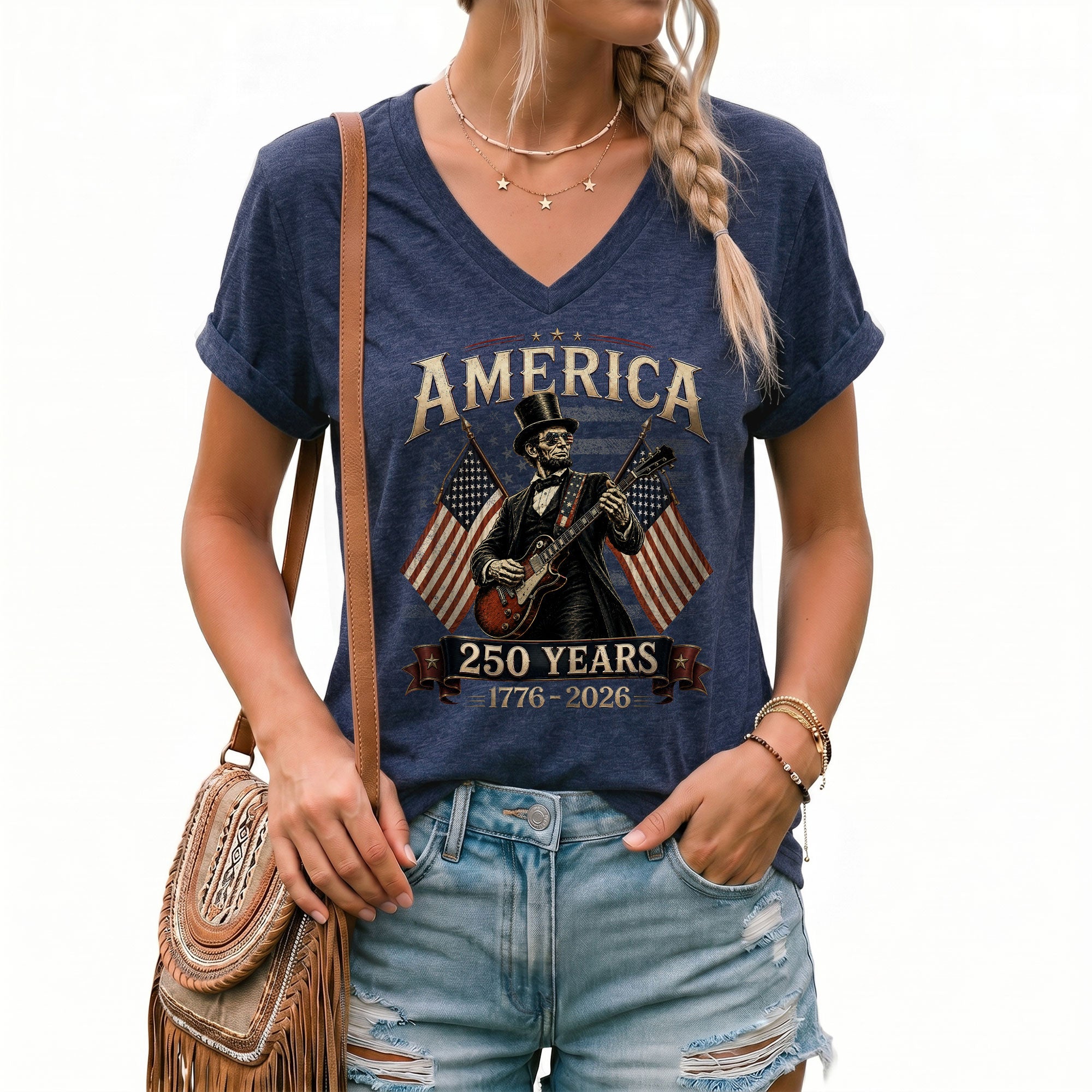 Patriotic 1776-2026 Lincoln Top Hat V-Neck Shirt - Women's Graphic Summer Tee Top