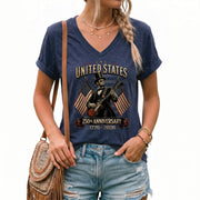 Patriotic 1776-2026 Lincoln Top Hat V-Neck Shirt - Women's Graphic Summer Tee Top