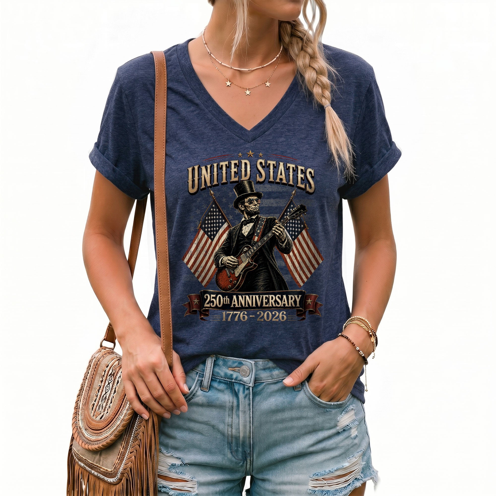 Patriotic 1776-2026 Lincoln Top Hat V-Neck Shirt - Women's Graphic Summer Tee Top