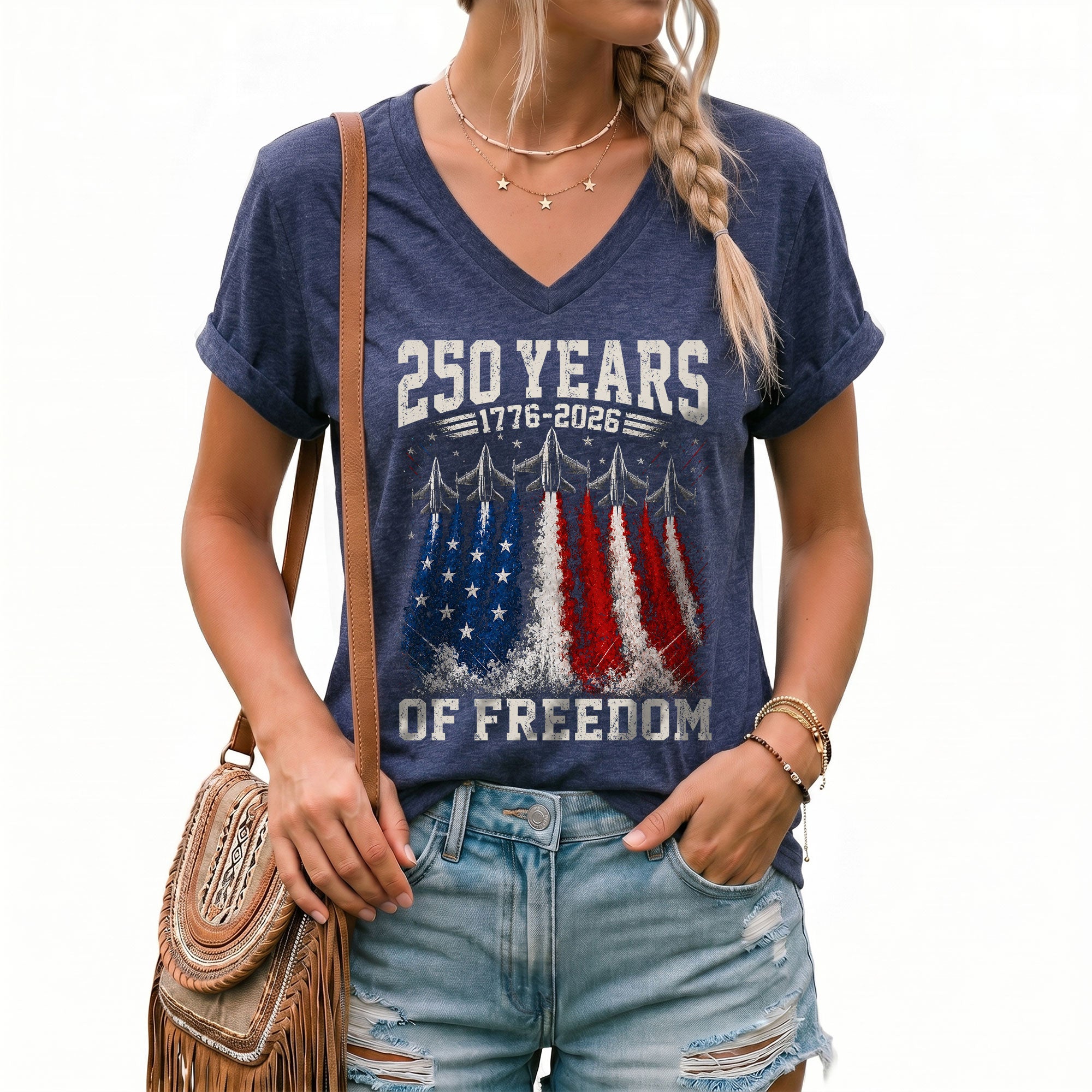 Women V Neck 250 Years of Freedom Shirt 1776 2026 Fighter Jet Patriotic Graphic Tee
