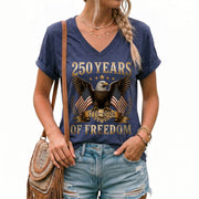 Women V Neck 250 Years of Freedom Shirt 1776 2026 Gold Eagle Patriotic US Flag Tee